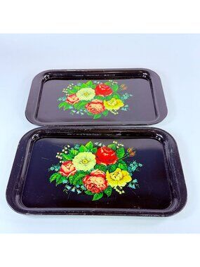 Vintage 2 Metal Serving Tray Black Painted MultiColor Flowers Retro Nostalgia